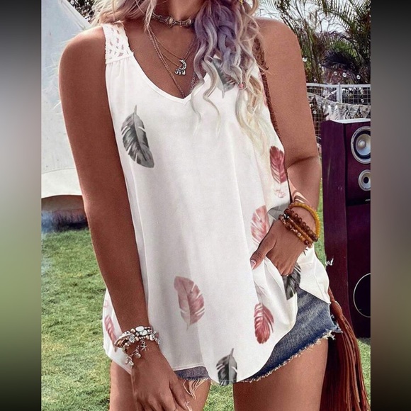 Boho feather print crochet back sleeveless top - Picture 8 of 8